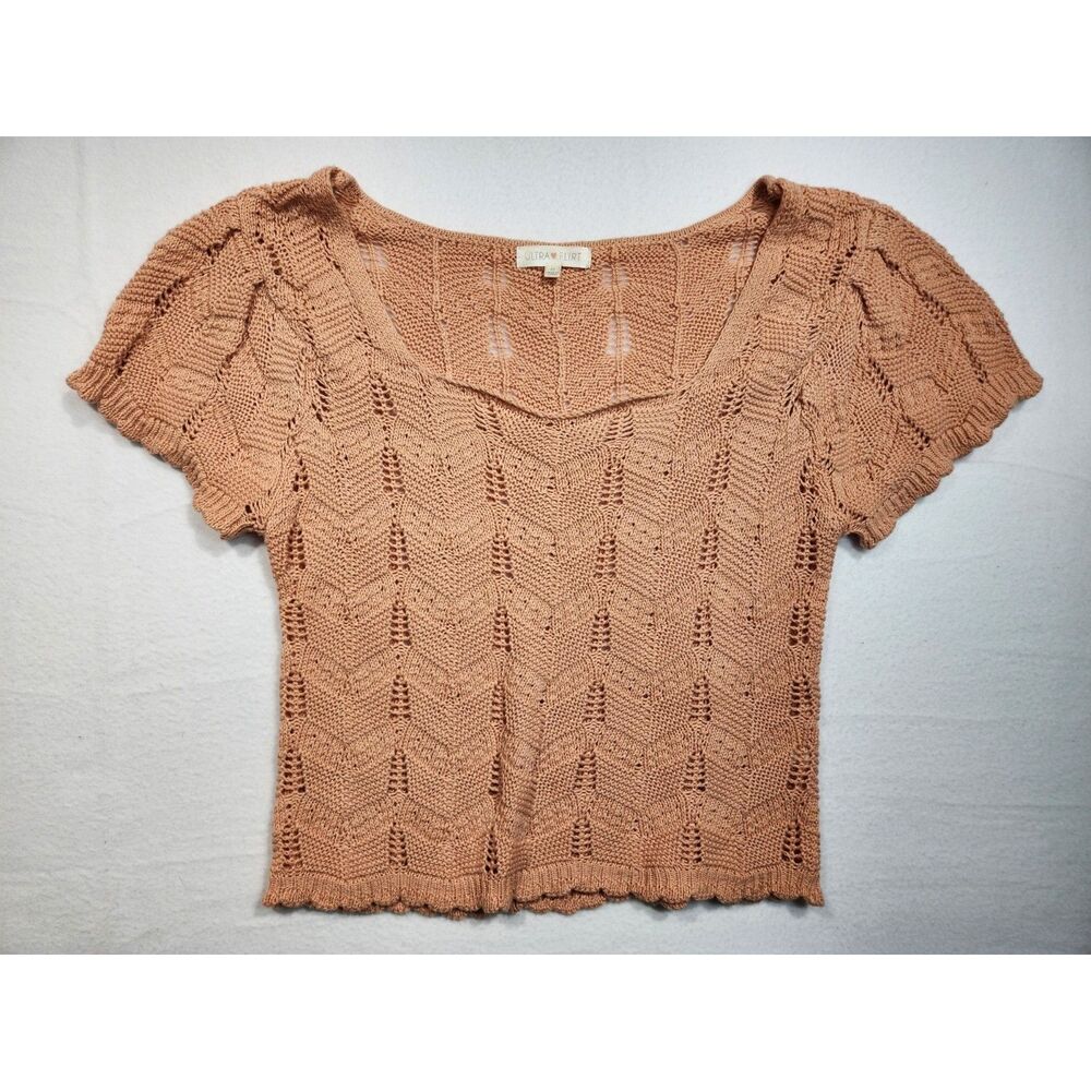 Ultra Flirt Womens Knit Sweater Medium Pink Pointelle Short Sleeve Cottagecore